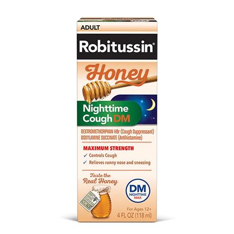 Robitussin Adult Honey Cough + Chest Congestion DM Nighttime Liquid, Honey Flavor, 4 oz - Hey Pharma