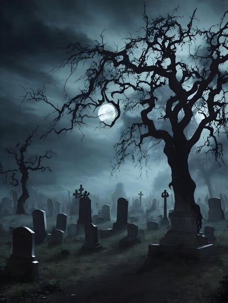 Premium AI Image | Halloween Graveyard At Night With Wooden Board