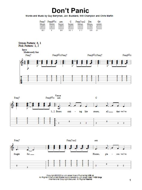 Don't Panic by Coldplay Sheet Music for Easy Guitar Tab at Sheet Music Direct