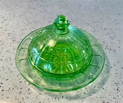 HTF VINTAGE HAZEL ATLAS Green Depression Glass Round Paneled Covered Butter Dish $54.00 - PicClick
