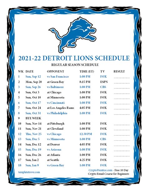 Printable 2021-2022 Detroit Lions Schedule