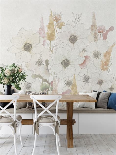 Cream & Brown Beautiful Floral Wallpaper Mural - Feathr™ Wallpapers