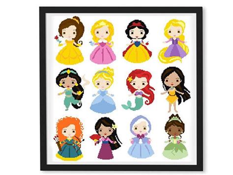 12 Disney Princess easy cross stitch pattern modern, counted cross stitch chart, Disney baby ...