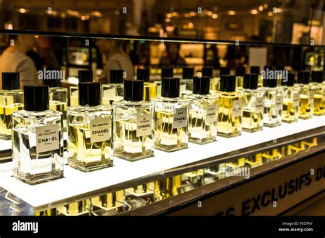 Perfume, Chanel perfume bottles on display for sale, Galeries Lafayette, Paris, Ile-de-France ...