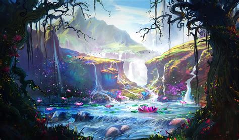 Download Waterfall Lake Fantasy Landscape HD Wallpaper by Amit Naik