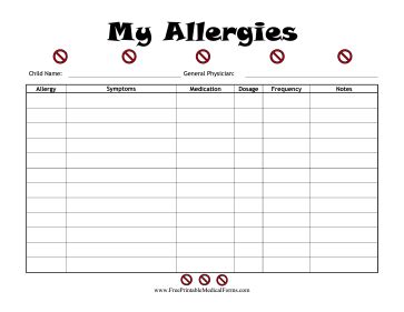 Printable Food Allergies Worksheet