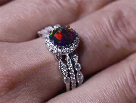 Black opal ring, opal bridal set, genuine black opal, opal bridal ring ...