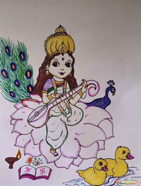 Cute Saraswati Mata Drawing For Kids Very - GranNino