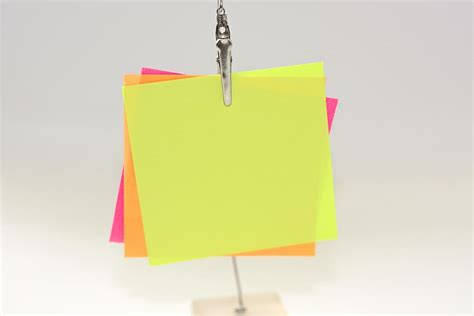 three, assorted-color papers, metal clip, sticky notes, notes, messages, contact, office, CC0 ...