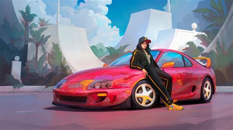 1080P, trees, Toyota Supra MK4, digital art, car, red eyes, long hair ...