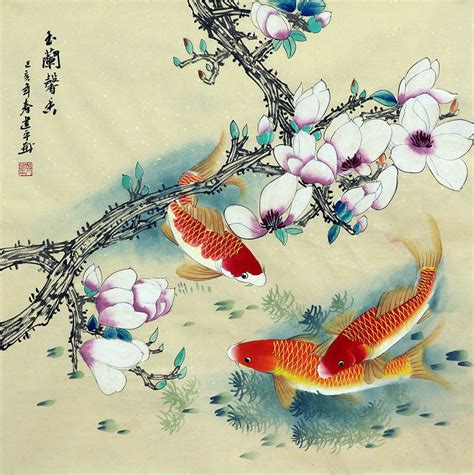 Chinese Koi Fish Painting zjp21110003, 68cm x 68cm(27〃 x 27〃)