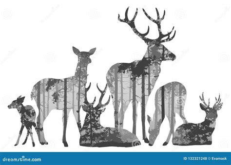 Herd of deer silhouette stock vector. Illustration of branches - 132321248