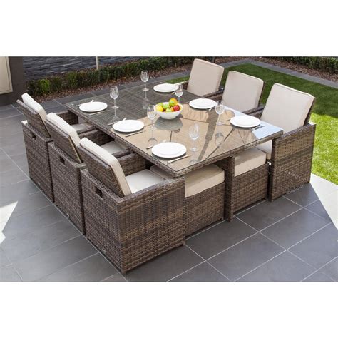 DIRECT WICKER Malta Variegated Brown 11-Piece Wicker Outdoor Dining Set with Beige Cushions-PAD ...