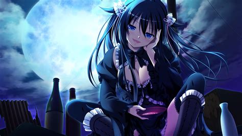 anime, blue eyes, Moon, long hair, Shinomori Rinon, Gensou no Idea, black hair, anime girls ...