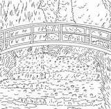 A Black And White Drawing Of Bridge Over Pond With Water Lilies In It sketch template