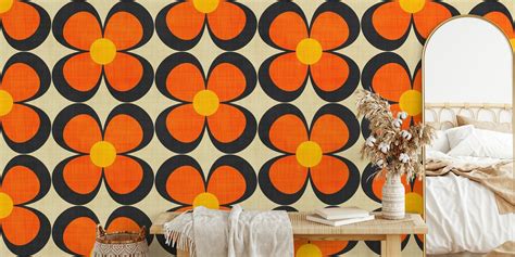 Groovy Geometric Floral Orange, Brown, Beige wallpaper | Happywall