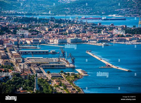 Trieste, Italy - A view of the city, the old port,the lighthouse and ...