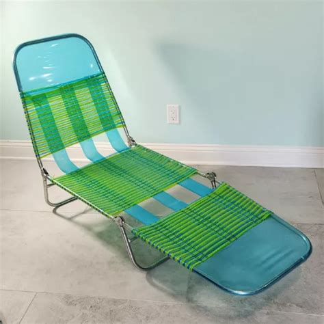 VINTAGE FOLDING ALUMINUM Chaise Lounge Beach Chair Vinyl PVC Tubing aqua $125.00 - PicClick