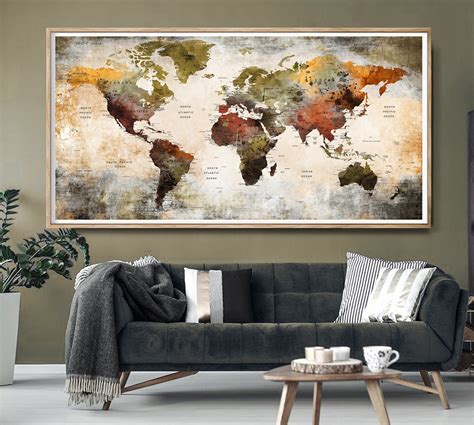 Large World Map Poster Print, World Map Wall Art, Push Pin World Map ...