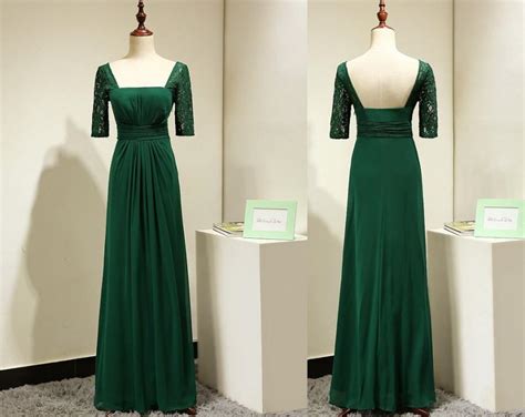 Emerald Green Long Bridesmaid Dress Lace Short Sleeves Evening Dress For Women Chiffon Prom ...
