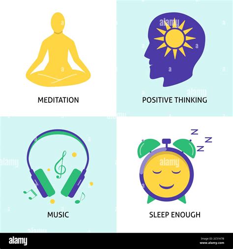 Relaxation and mental health concept icon set in flat style. Maintain ...