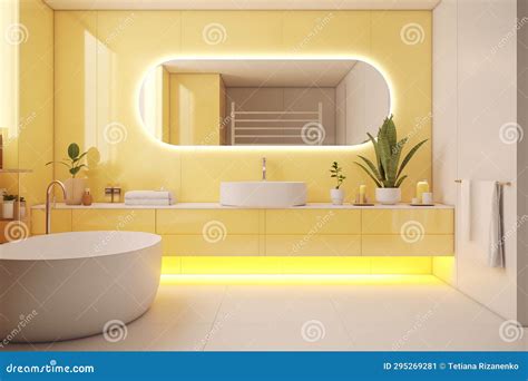 Interior of Bathroom with Elliptic Illuminate Mirror on Yellow Wall in Modern House Stock ...