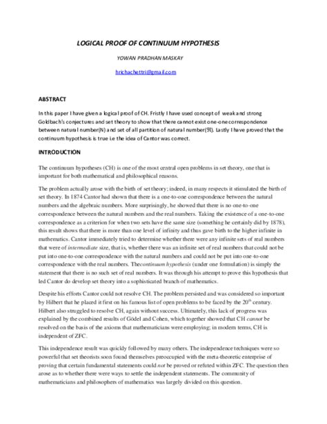 (PDF) LOGICAL PROOF OF CONTINUUM HYPOTHESIS | Yowan Pradhan - Academia.edu