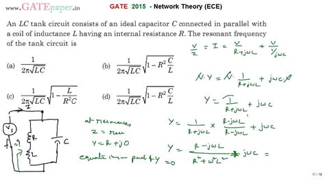 GATE 2015 ECE Resonant frequency of LC circuit with Ideal capcitor and practical inductor - YouTube