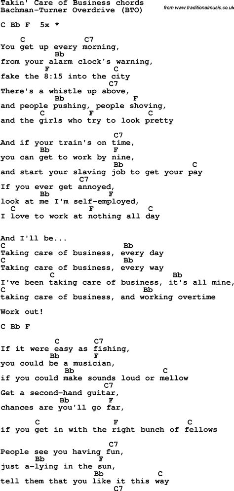 Song lyrics with guitar chords for Takin' Care Of Business