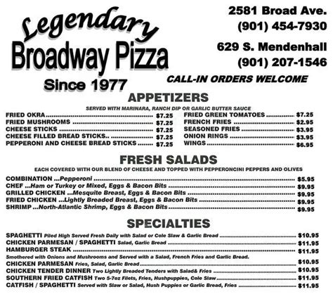 Broadway Pizza House Menu, Menu for Broadway Pizza House, East Memphis, Memphis - Urbanspoon/Zomato