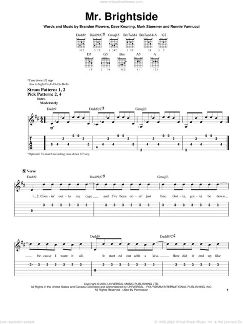 Mr. Brightside sheet music (easy) for guitar solo (easy tablature)