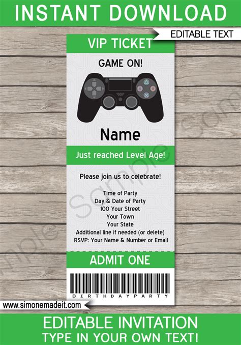 Playstation Party Ticket Invitation template – green | Video game party ...