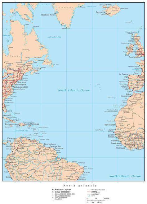 North Atlantic Map with Countries, Islands, and Cities