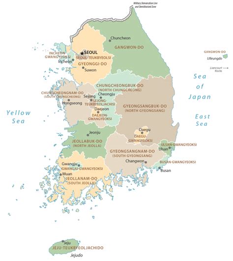South Korea Vintage Political Map Poster Republic Of Korea Provinces With Flag With North Korea ...