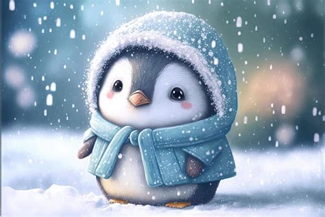 A cute baby penguin dressed in a snow-coat stands in the snow du 16776048 Vector Art at Vecteezy