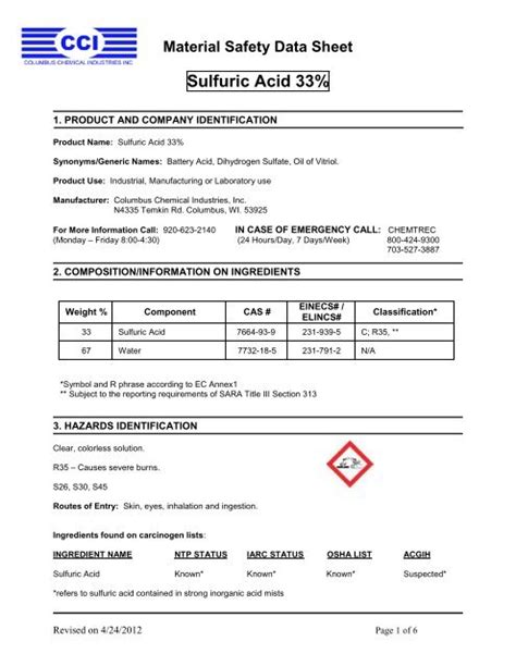 Material Safety Data Sheet Sulfuric Acid, 43% OFF