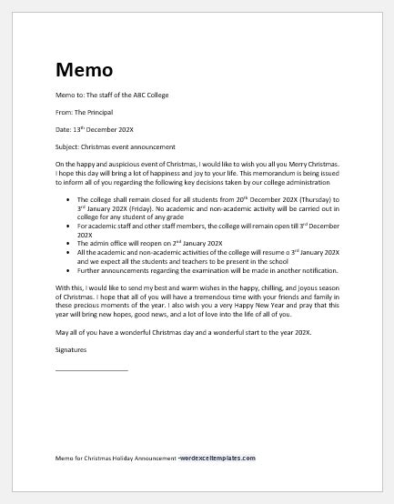 Memo for Christmas Holiday Announcement | Download Samples