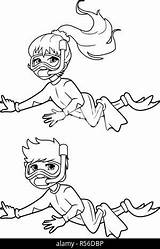 Coloring Book boy snorkel Diver  Eps10 Vector Illustration Stock sketch template