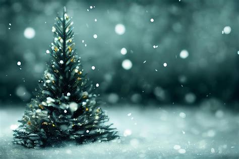 Abstract blurred bokeh background of Christmas tree with snow and copy space, holiday and ...