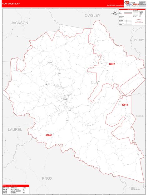 Clay County, KY Zip Code Wall Map Red Line Style by MarketMAPS