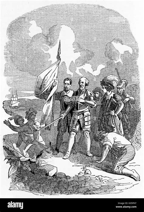 Engraving of Christopher Columbus landing in the New World. From A New History of the USA, by ...