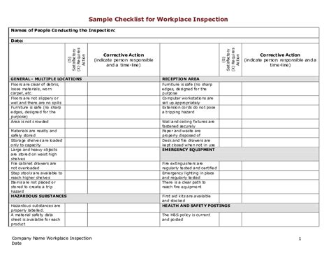 Workplace Inspection Checklist (Sample) - Safety Driven - TSCBC