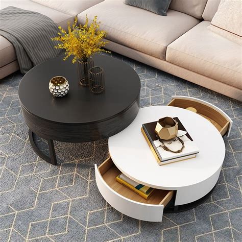 Luxury Modern Round Coffee Table with Storage Lift-Top Wood Coffee Table with Rotatable Drawers ...