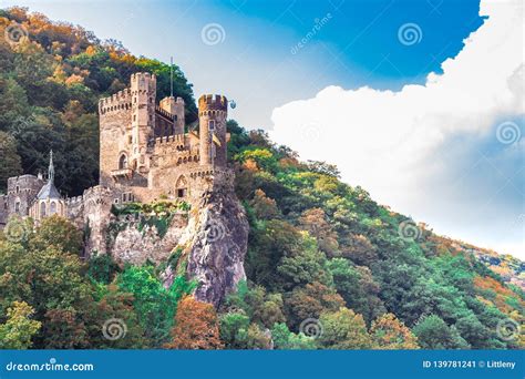 Rheinstein Castle on Hillside Along the Rhine River in Germany Stock Image - Image of rock ...