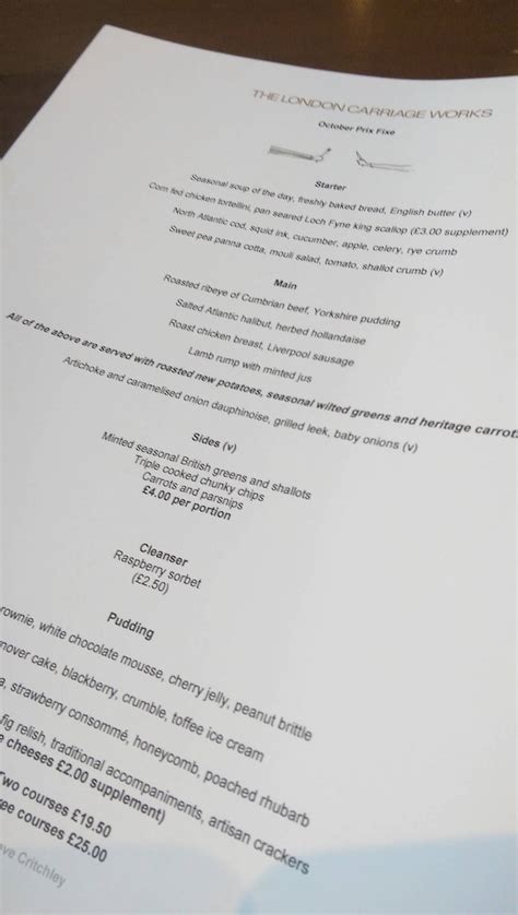 Menu at The London Carriage Works restaurant, Liverpool