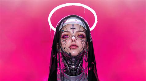 Anime Girl Cyberpunk Nun Halo 4K #7380j Wallpaper iPhone Phone