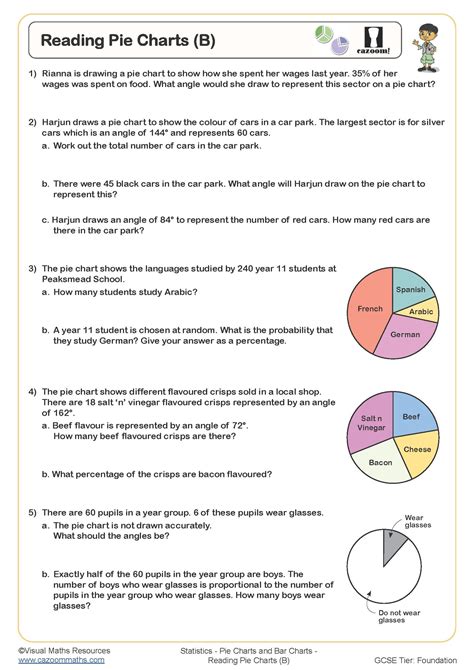 Reading Pie Charts (B) Worksheet | Printable Maths Worksheets