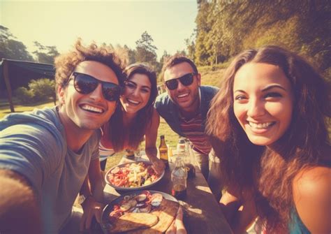 Premium AI Image | A selfie shot of a group of friends gathered around a picnic table each one ...