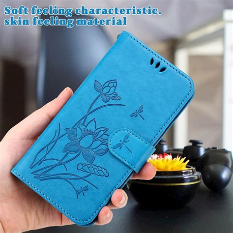 Lotus Embossed Leather Phone Case For iPhone 13 Pro Max (Blue ...