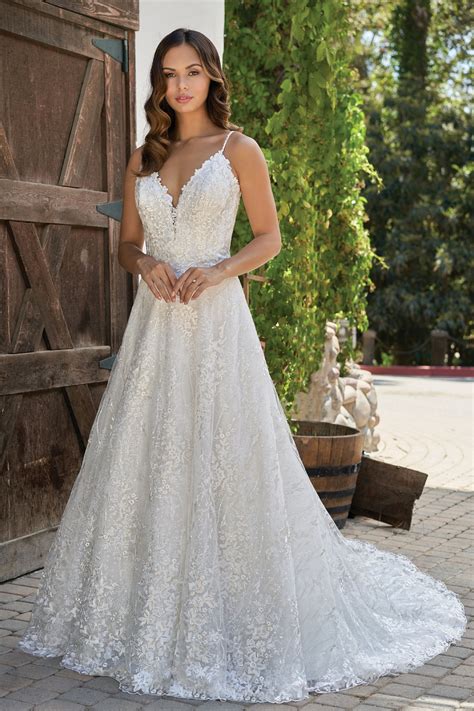 T212012 Romantic Embroidered Lace Wedding Dress with V-Neckline